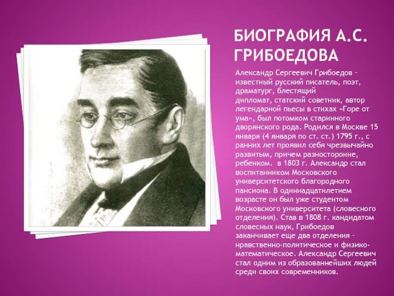 Краткая биография грибоедова александра сергеевича, интересное о творчестве поэта