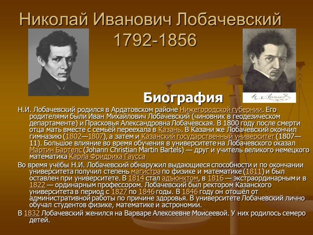 Краткая биография лобачевского и открытия математика николая ивановича