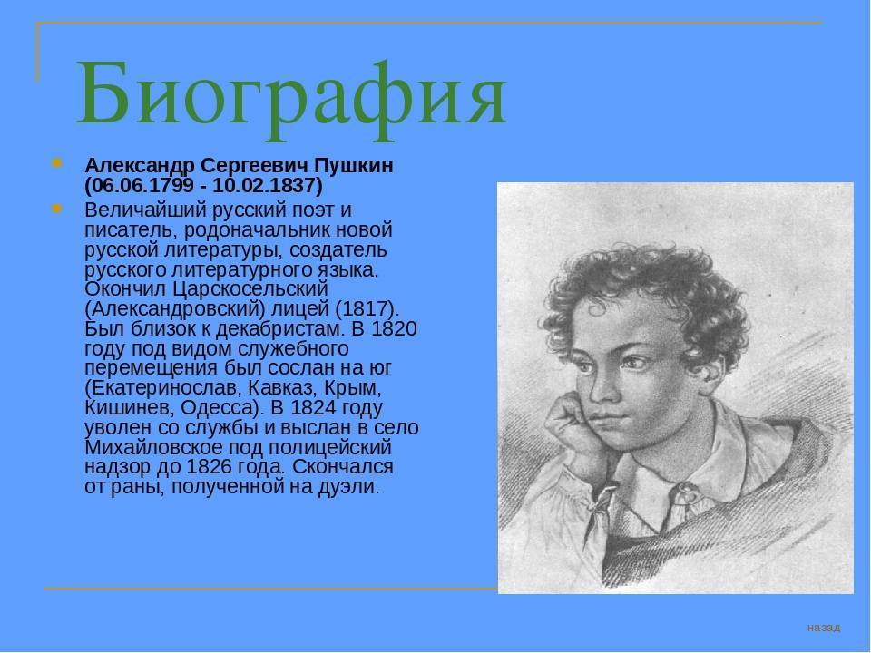 Краткая биография пушкина.